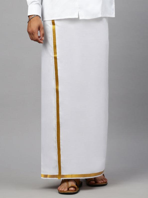 Men 100% Cotton Single Layer White Dhoti with Gold Jari Border Aruthra