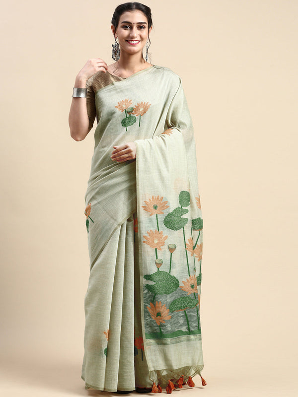 Womens Semi Tussar Sandal & Grey Flower Embroidery Saree ST92