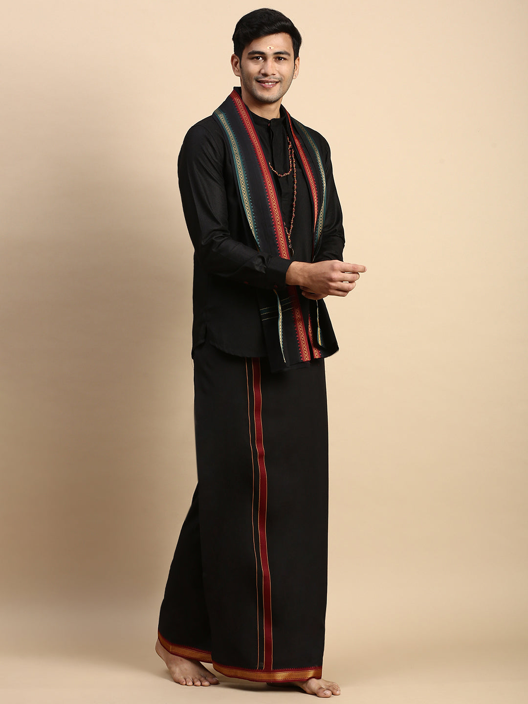 Men Devotional Mayilkhan Border Dhoti with Towel & Kurta Set Black KP6