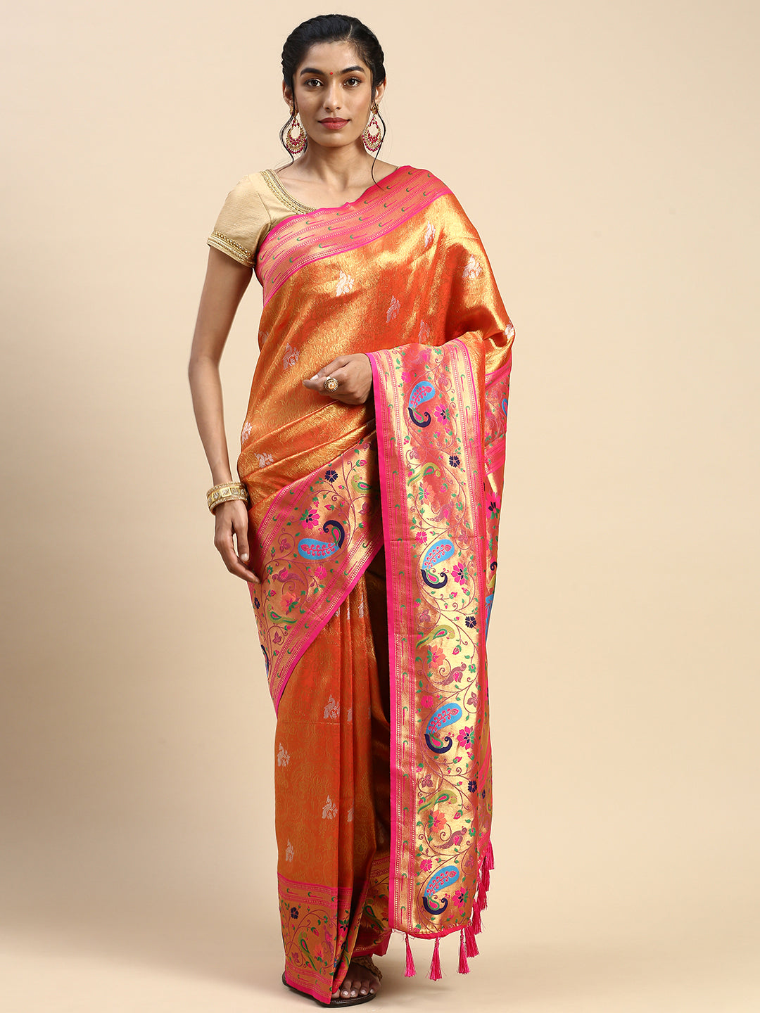 Womens Semi Silk Peacock Design Orange & Pink Saree ASP06