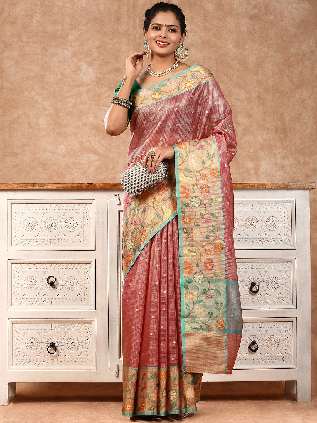 Women Semi Silk Cotton Saree Pink SSC25