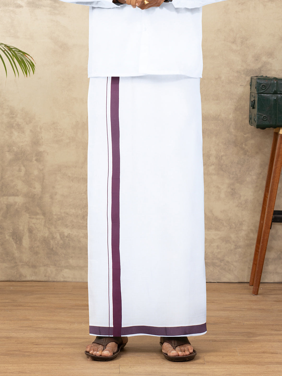 Men Cotton Blend Readymade Single Layer White Dhoti with Big Border GACS15
