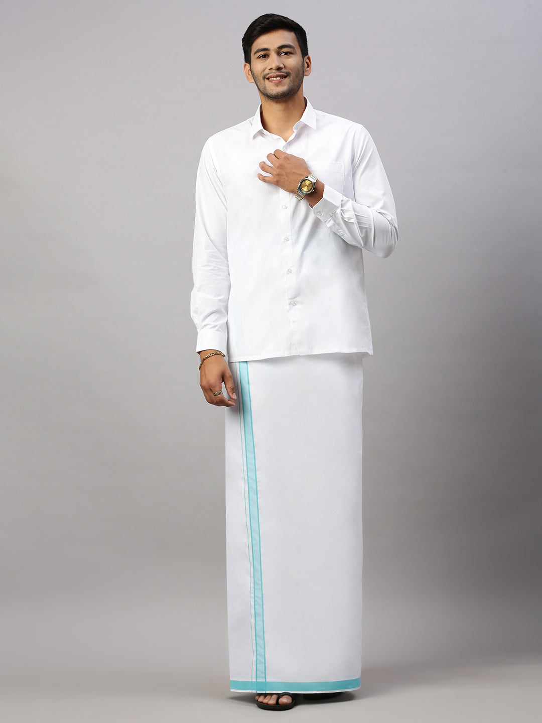 Mens Prestigious Look Cotton Single Dhoti with Electric Blue Fancy Border - Winner Plain