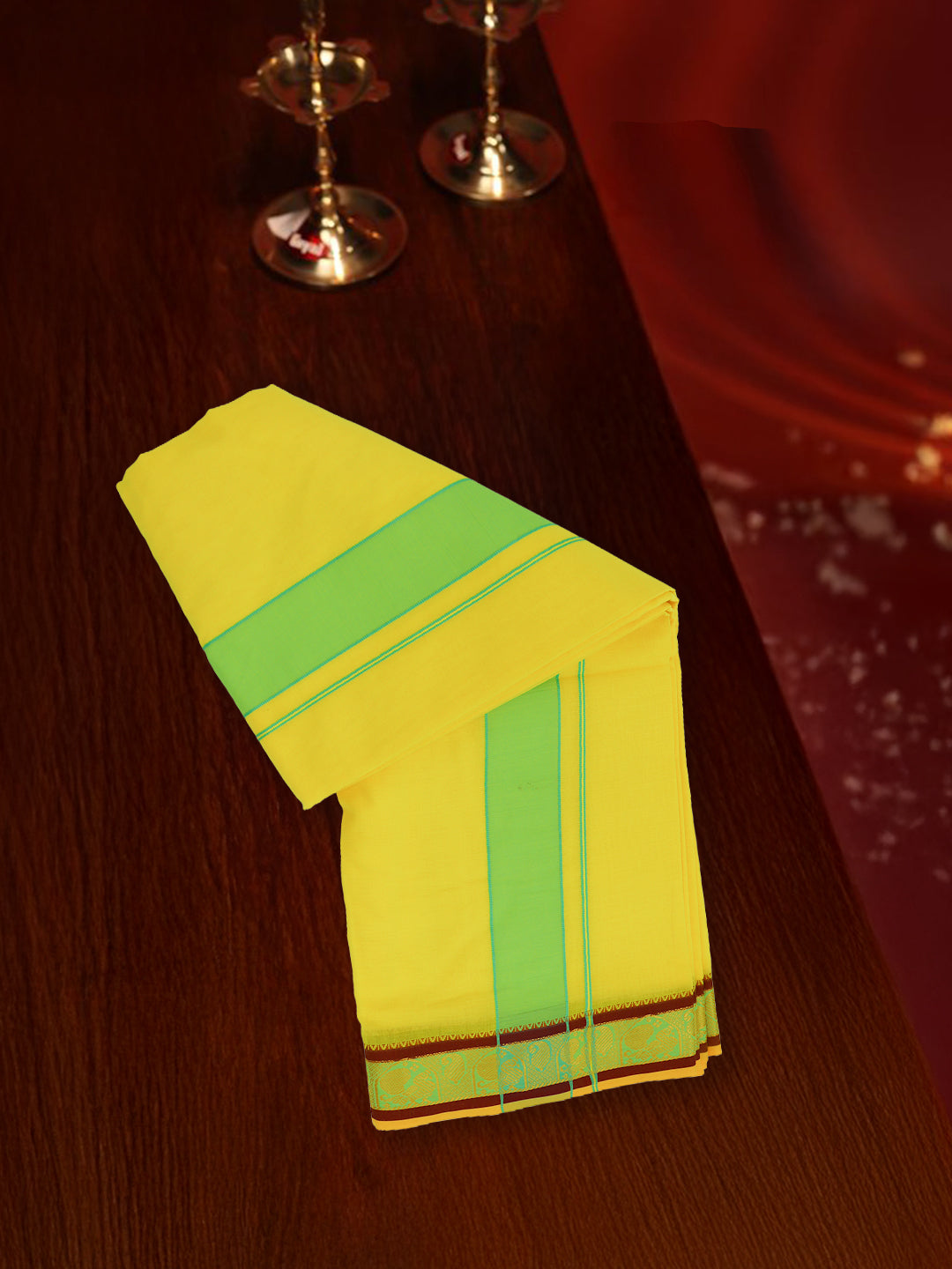 Men 100% Cotton Panchakacham with Angavasthram Set Adinath Yellow (9+5)