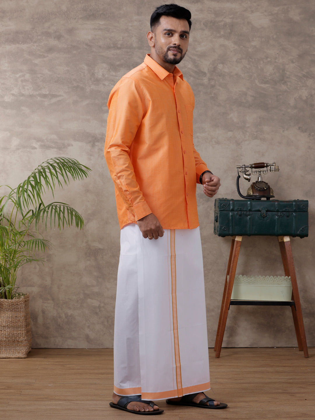 Mens Matching Jari Border Dhoti & Shirt Set Full Orange VB4