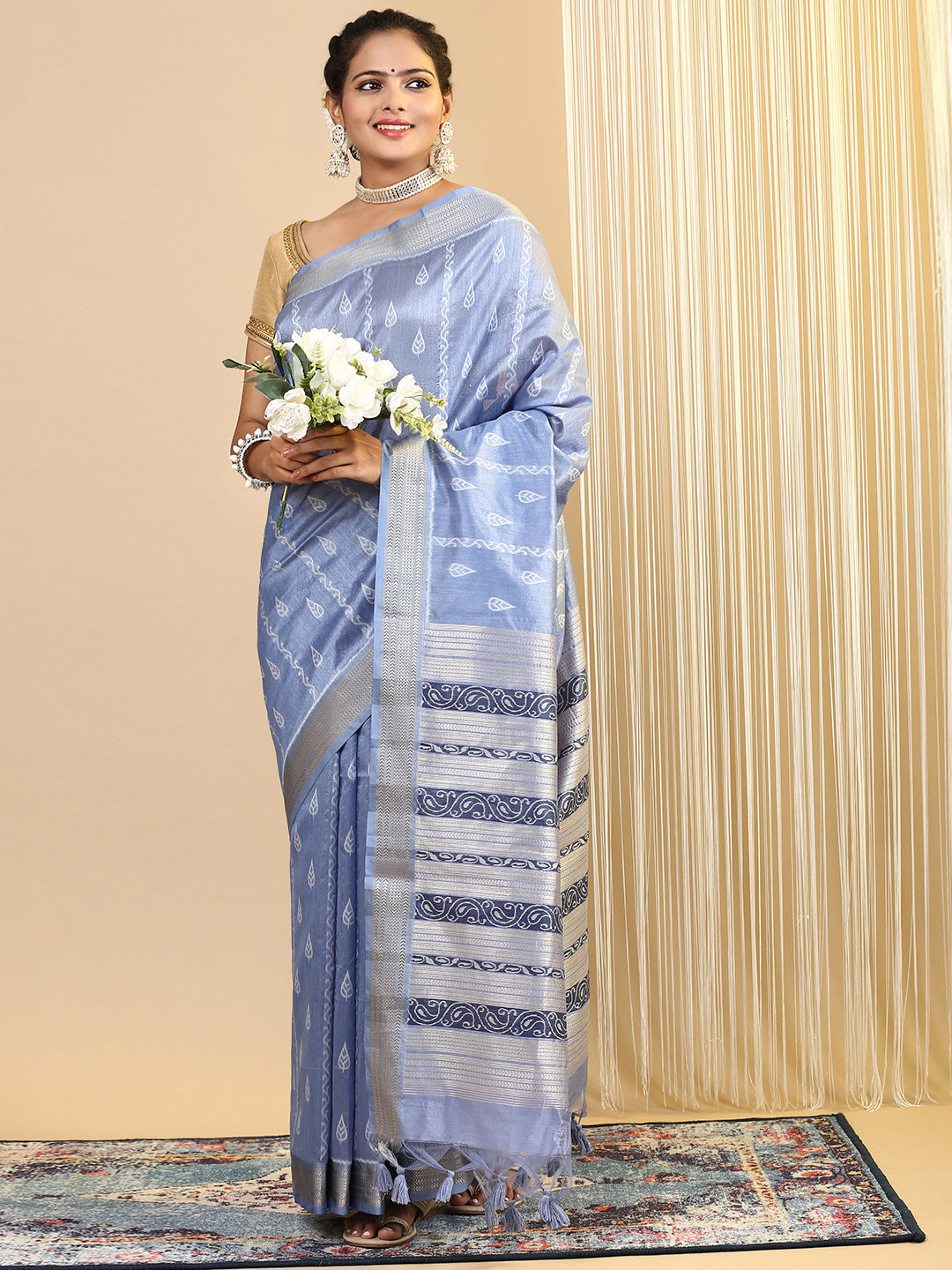 Women Semi Tussar Saree Blue ST176