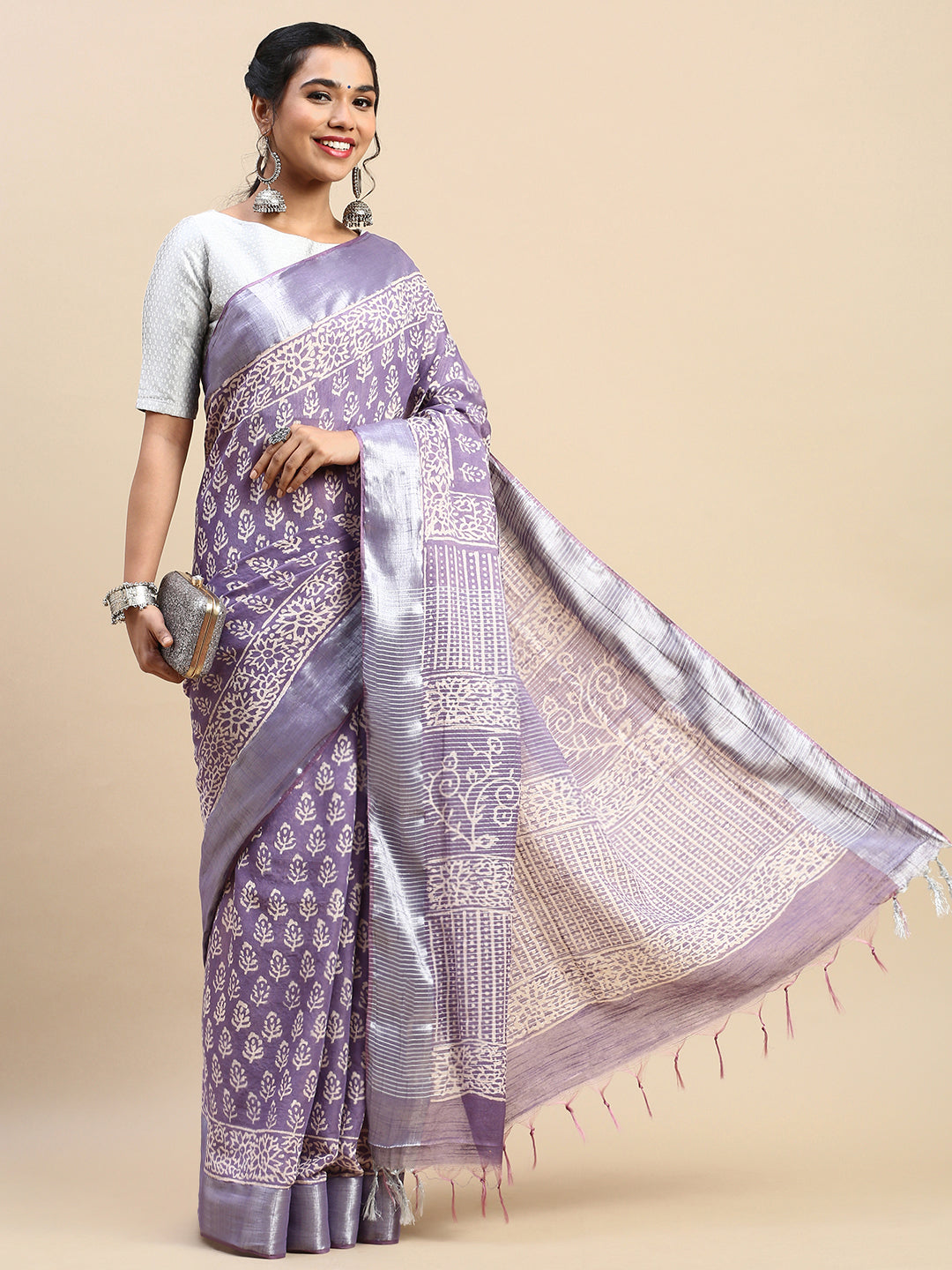 Womens Elegant Purple Flower Printed with Silver Jari Pure Cotton Saree PCS63