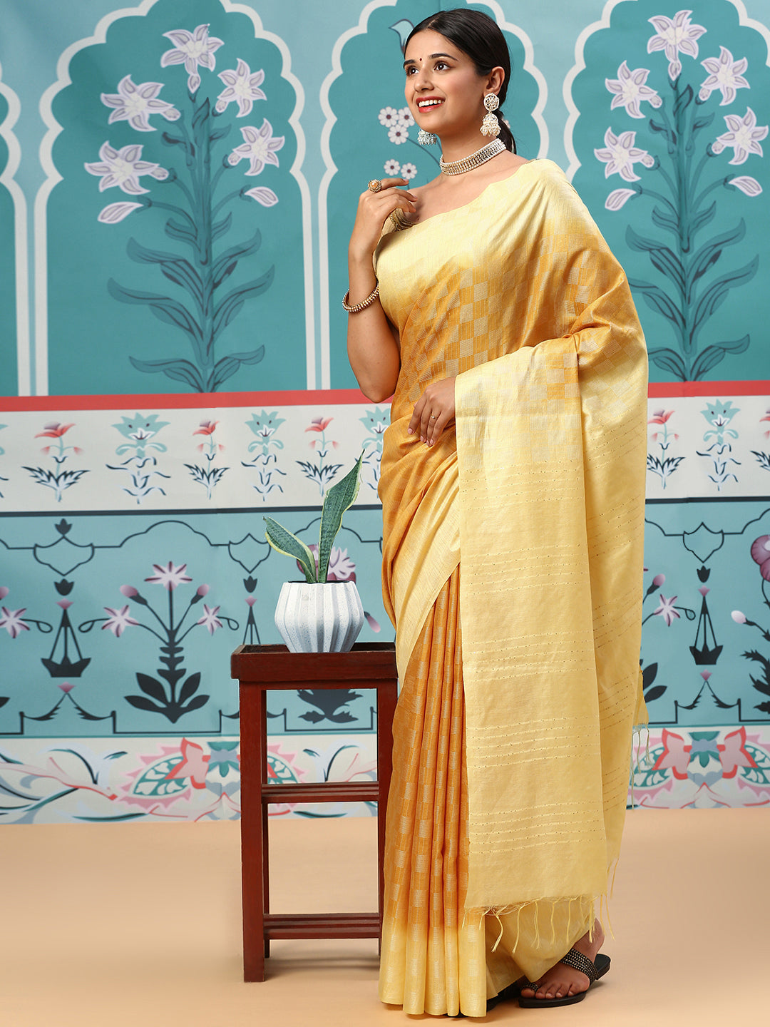 Womens Chanderi Cotton Printed Saree Yellow SC14