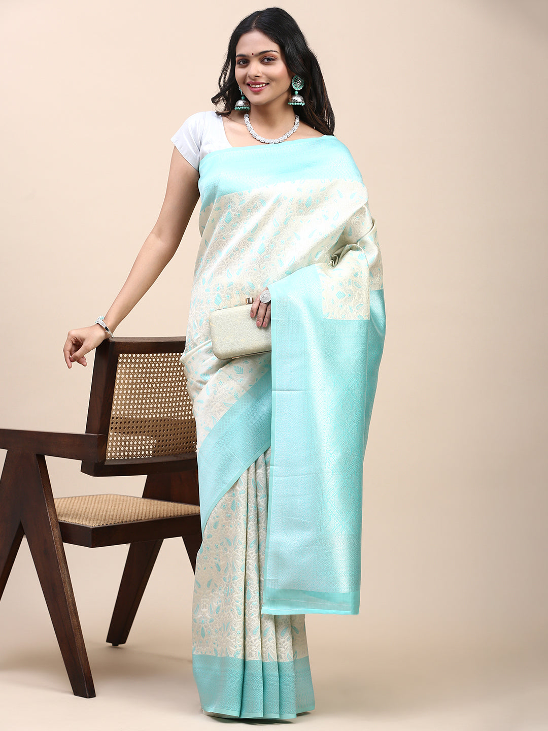 Women Semi Silk Saree Cream SS298