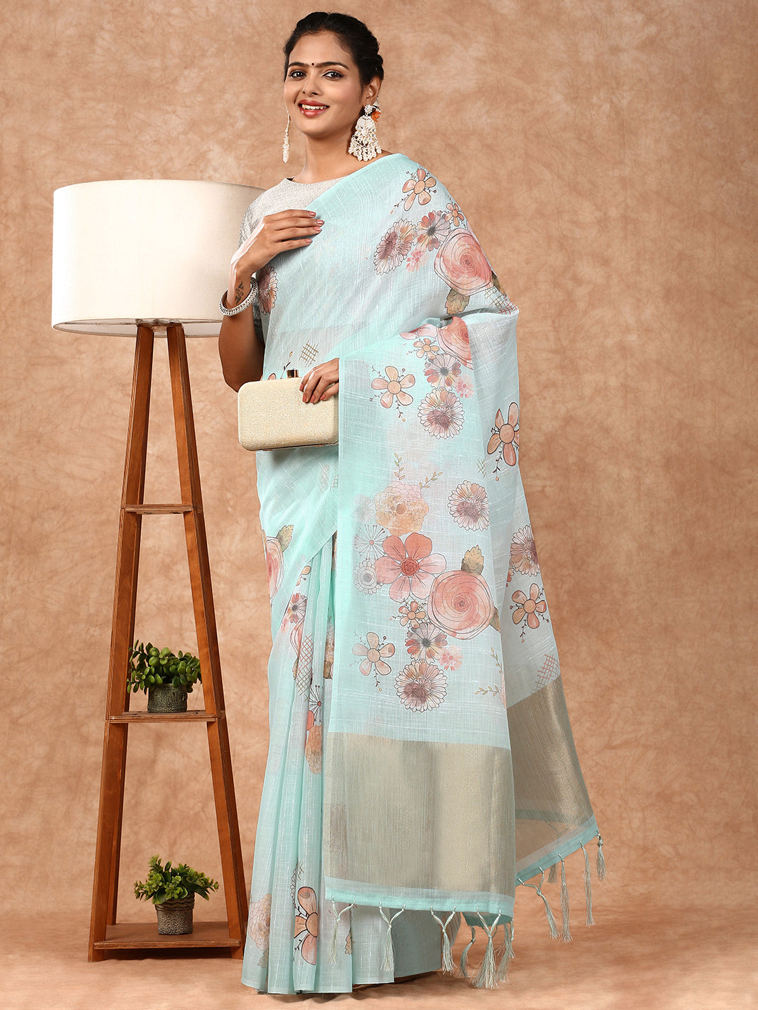 Women Semi Linen Saree Blue SL127