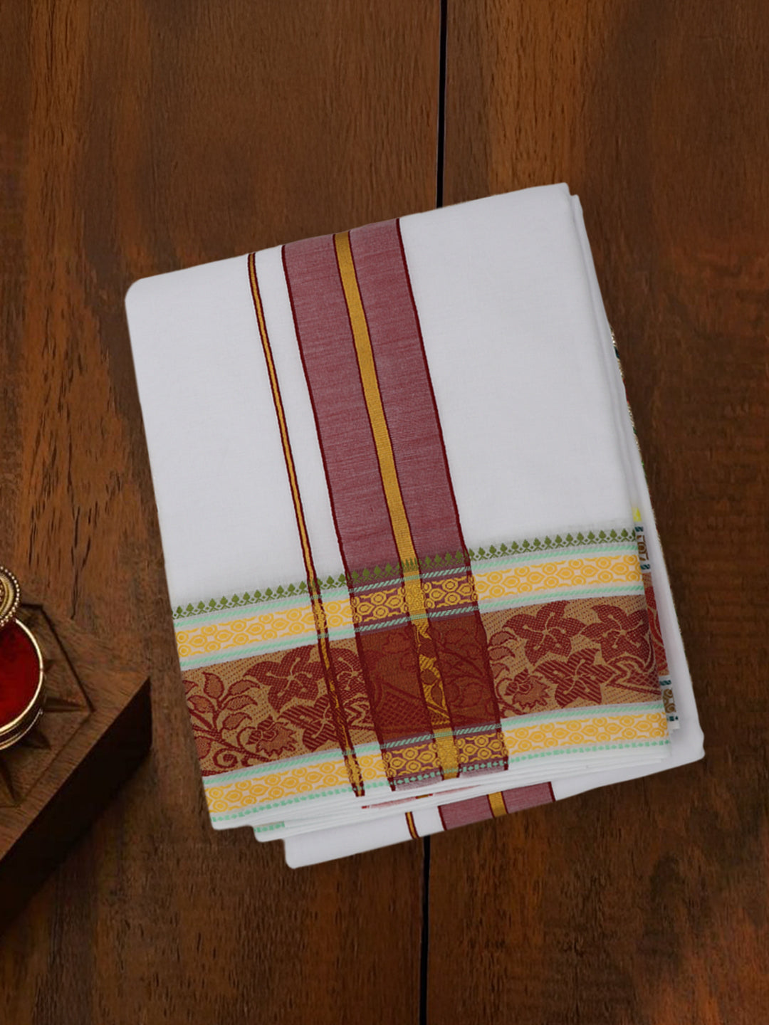 Men Cotton Maroon Fancy Border Panchakacham with Angavasthram Vishvadeva (9+5) VD02