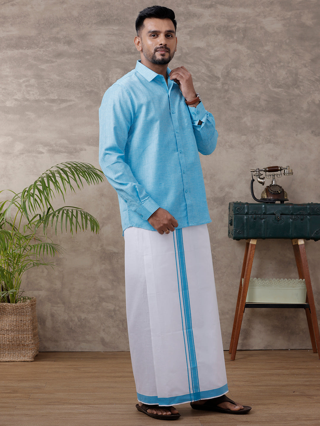 Men Matching Border Dhoti & Shirt Set Blue C11
