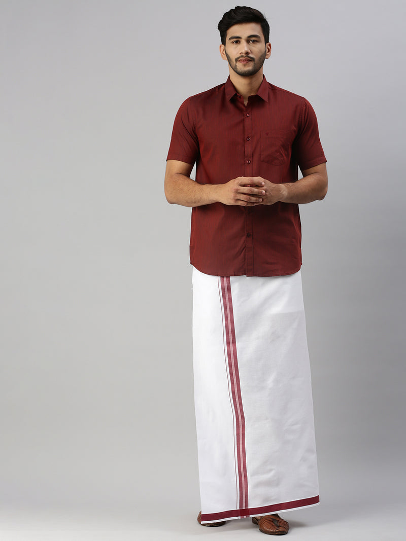 Mens Brown Matching Border Dhoti & Half Sleeves Shirt Set Evolution IC7