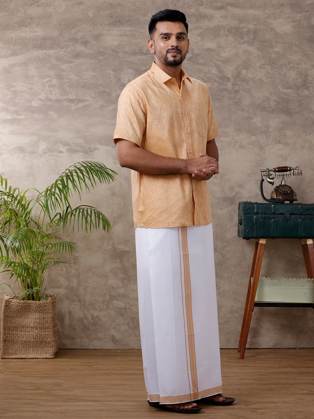 Men Matching Border Dhoti & Shirt Set Half Mustard C1