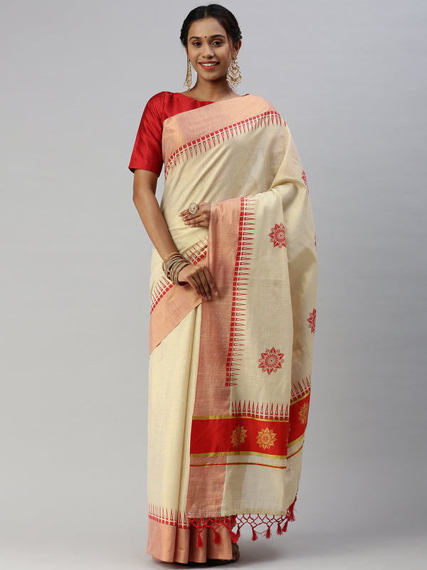 Womens Kerala Tissue Flower Printed Gold Jari & Red Border with Tussle Saree OKS04