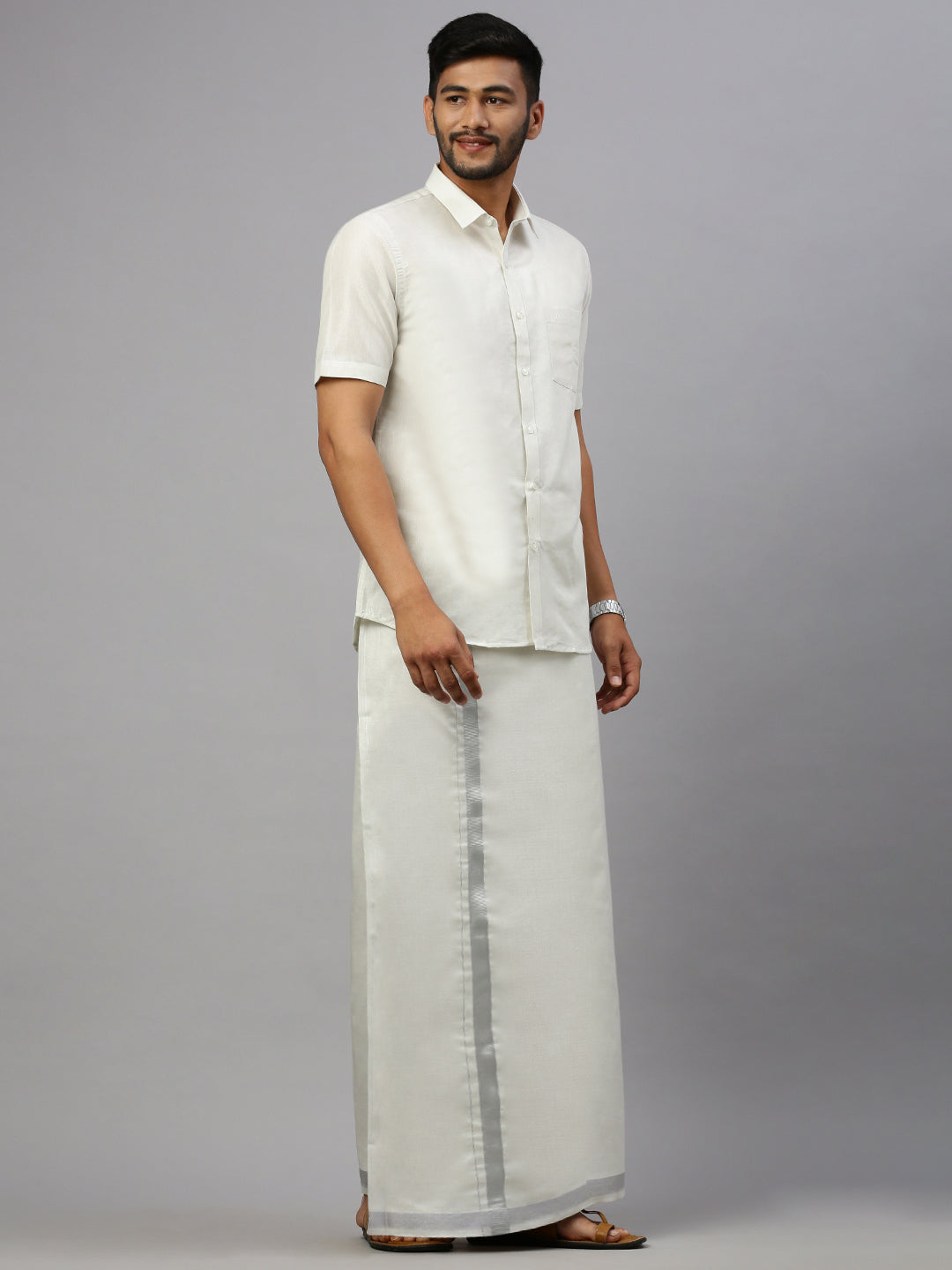 Men Silver Tissue Half Sleeves Shirt with Matching Readymade Single Layer Dhoti Combo