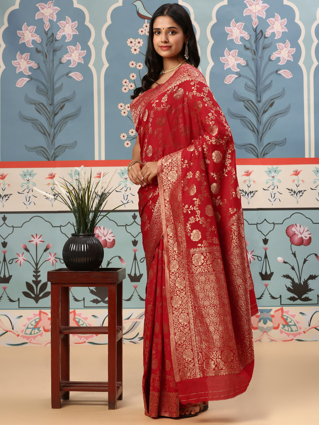 Womens Semi Silk Saree Red SS174