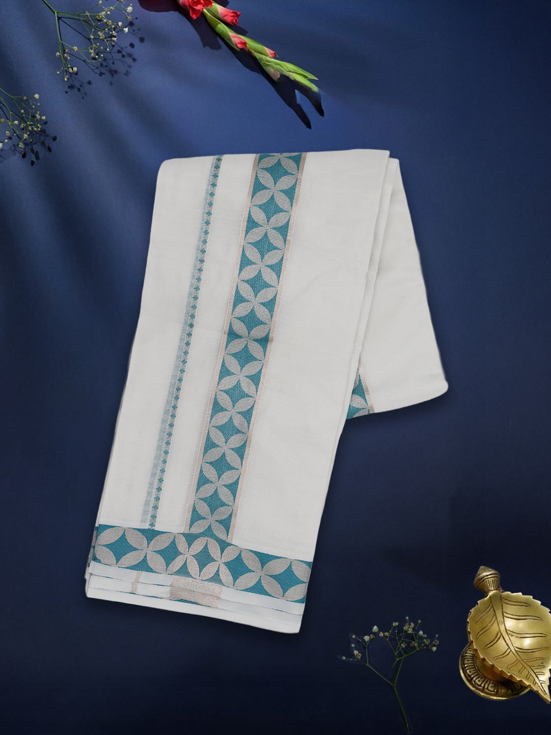 Men Premium Cotton Double Layer White Dhoti with Blue Fancy Jari Border Luxury Club LC17