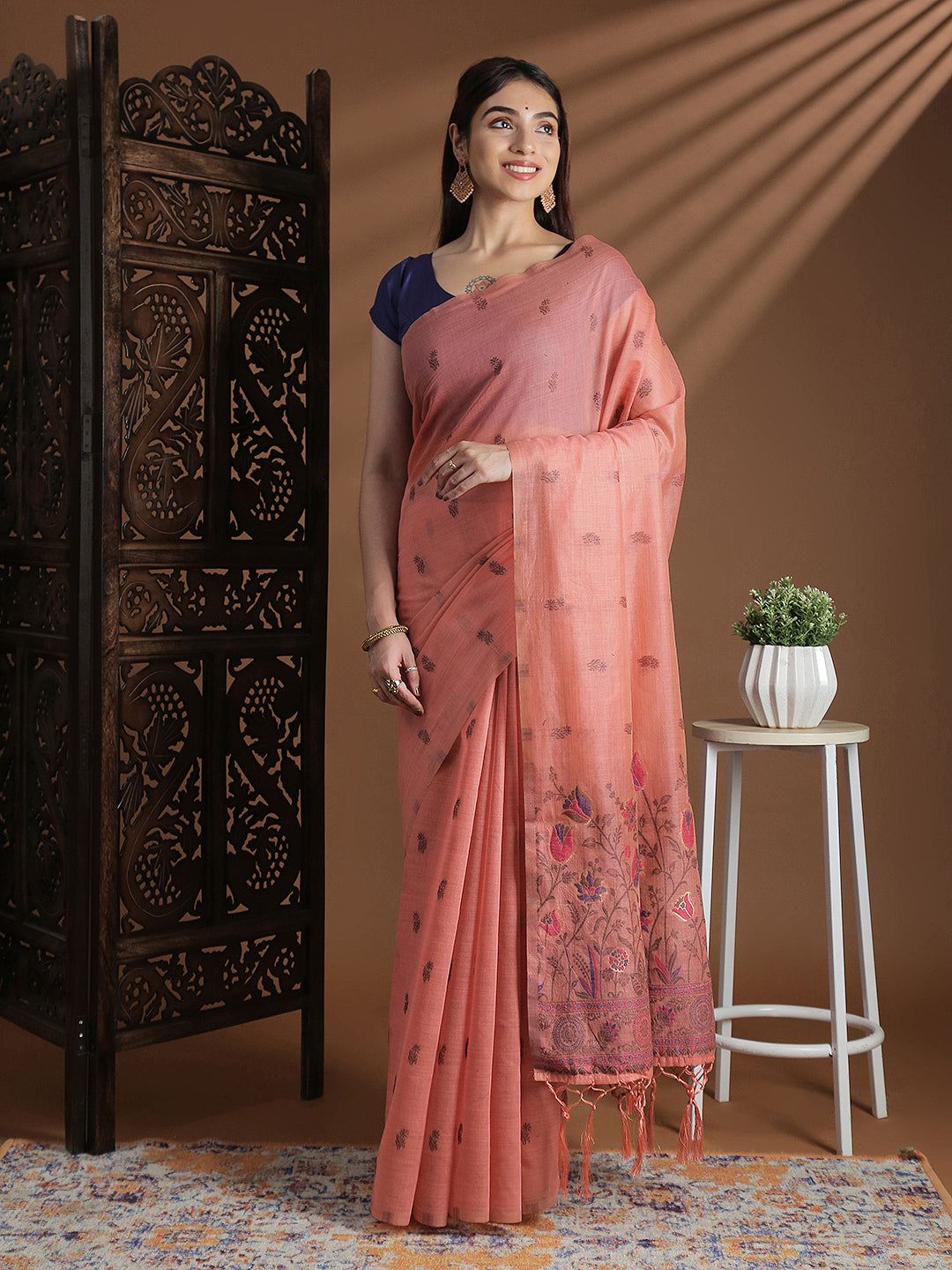 Women Peach Cotton Weaving Saree PCS247