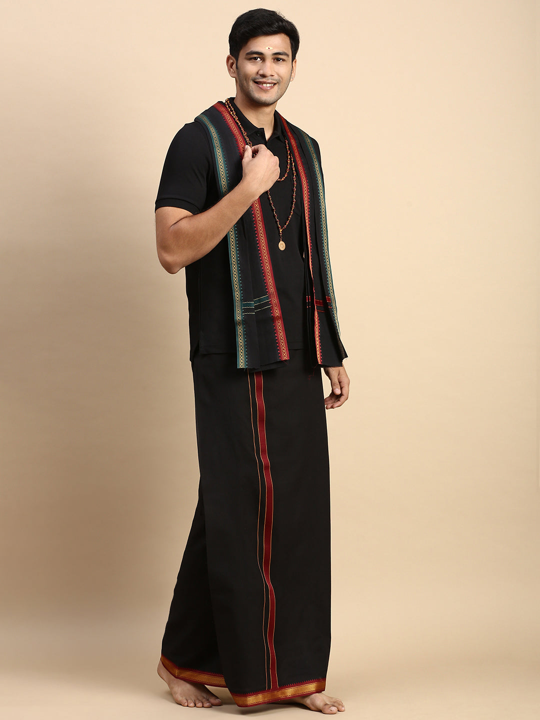 Men Devotional Mayilkhan Border Dhoti with Towel & TShirt Set Black EPD14