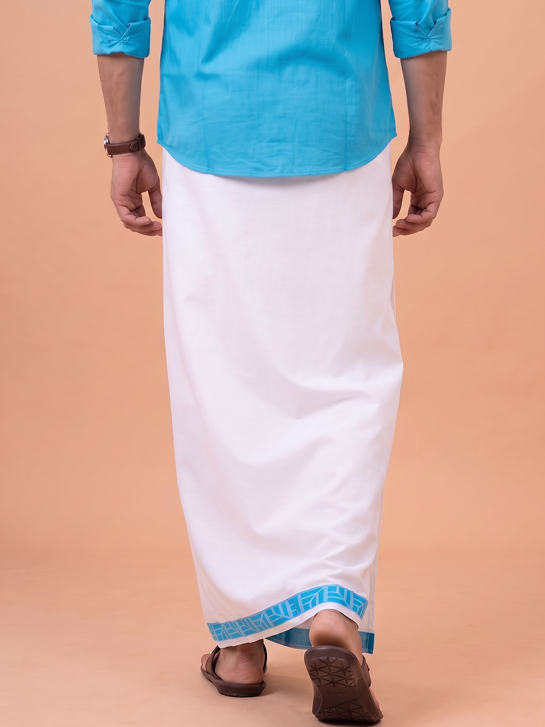 Single Layer Cotton Blend White Dhoti With Blue Jacquard Design Border ELC01