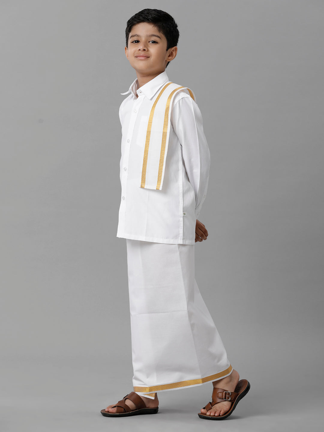 Like Father Like Son Full Sleeves White Shirt Dhoti & Towel Set Combo