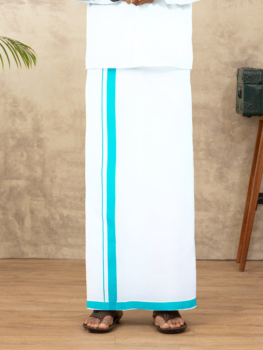 Men Cotton Blend Readymade Single Layer White Dhoti with Big Border GACS14