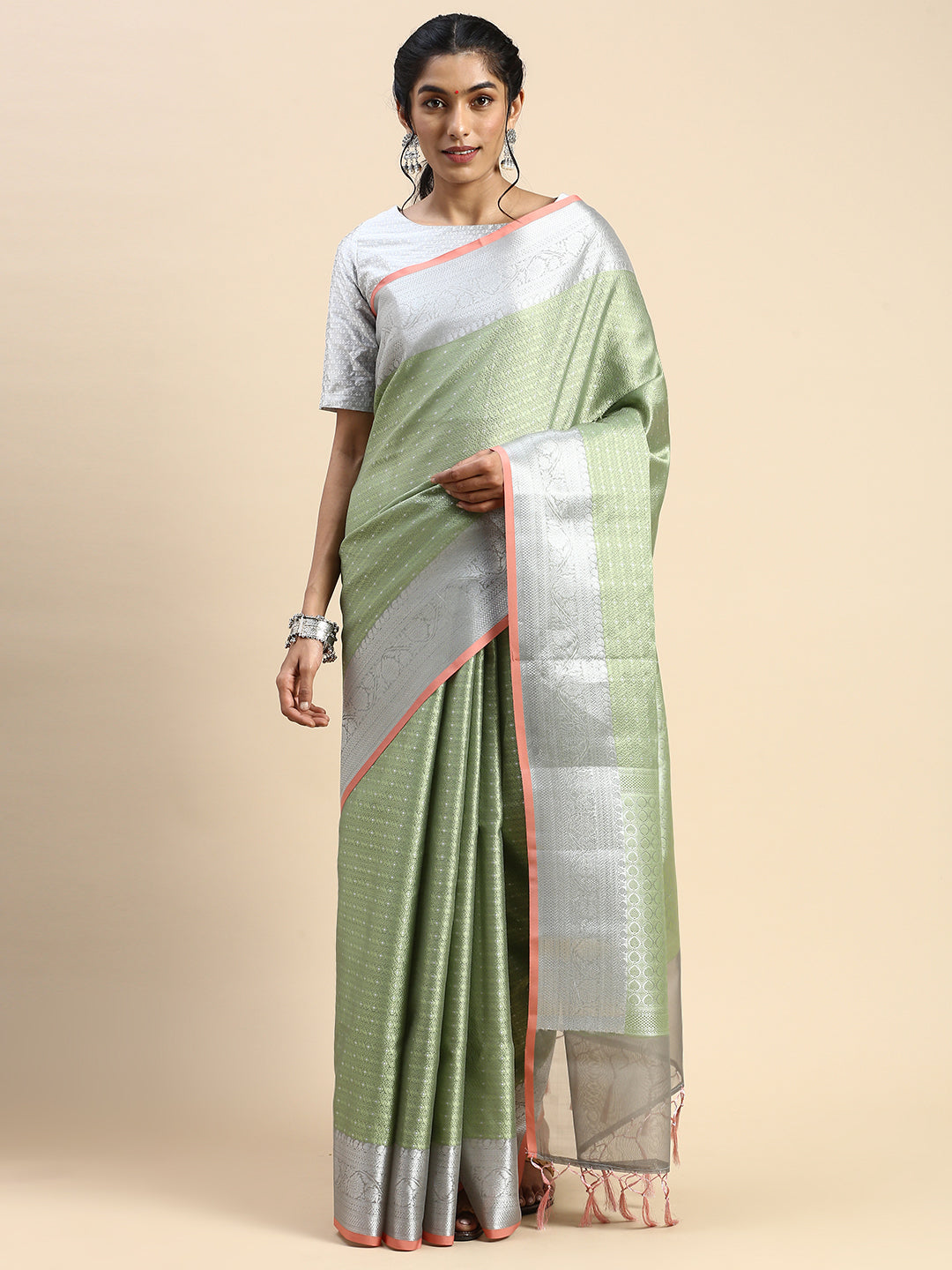 Semi Kora Cotton Allover Design Saree Green with Silver Zari Border SKC03