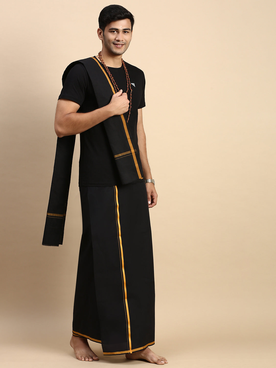 Men Devotional Big Border Dhoti with Towel & TShirt Set Black ET14