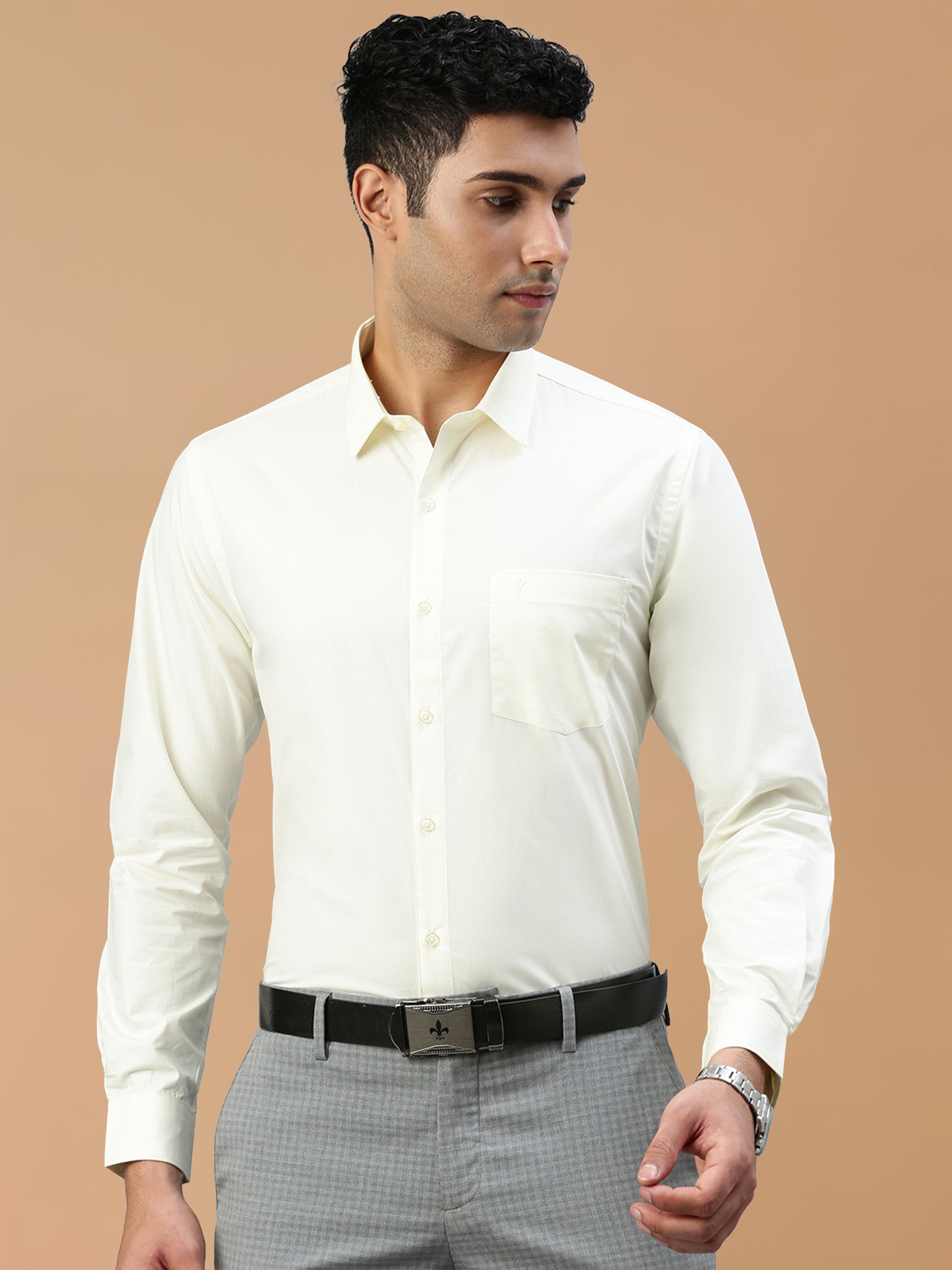 Cotton Rich Cream Regular Fit Shirt Mangalyam