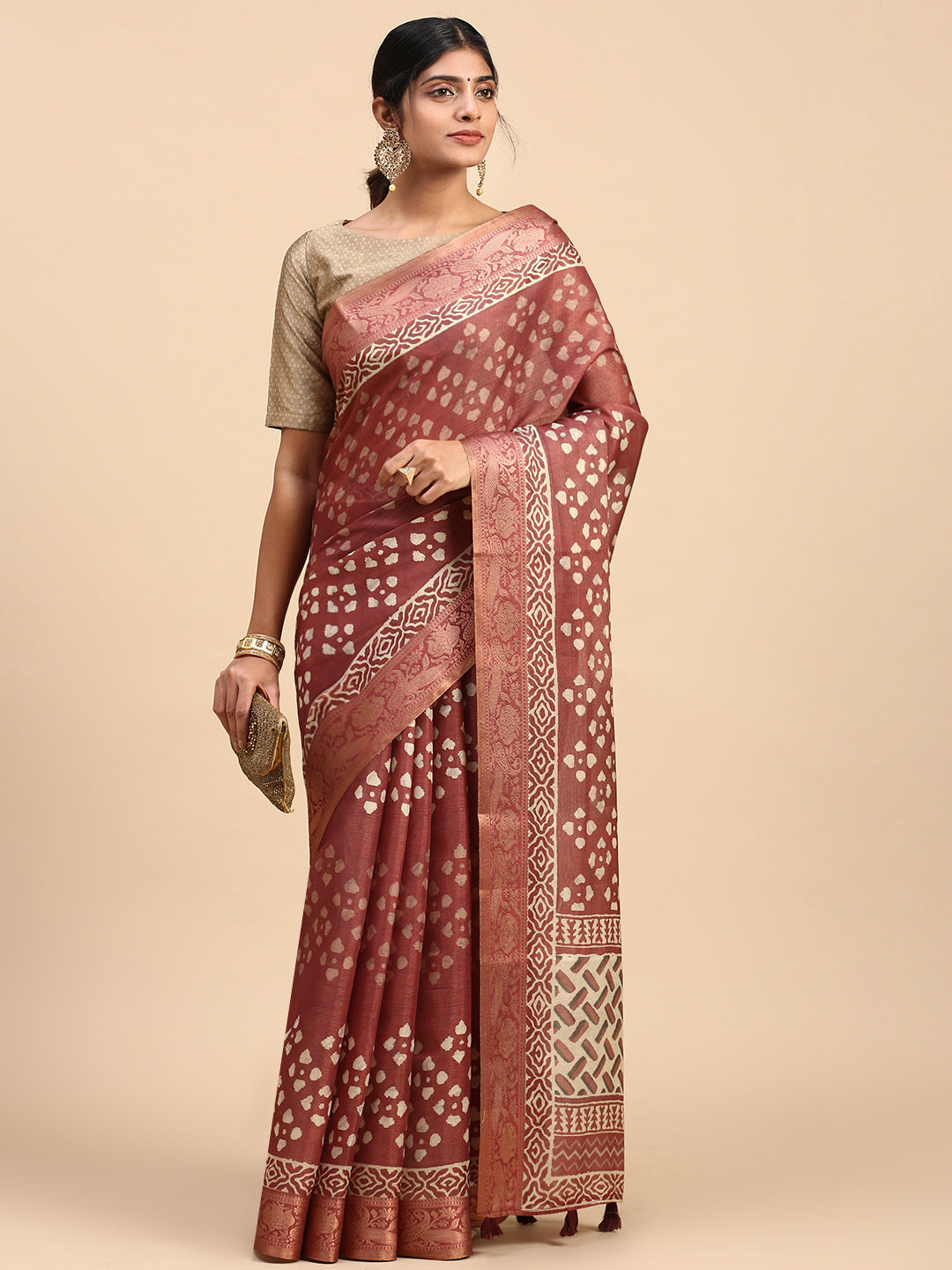 Women Semi Silk Tissue Weaving Saree Brown SS284