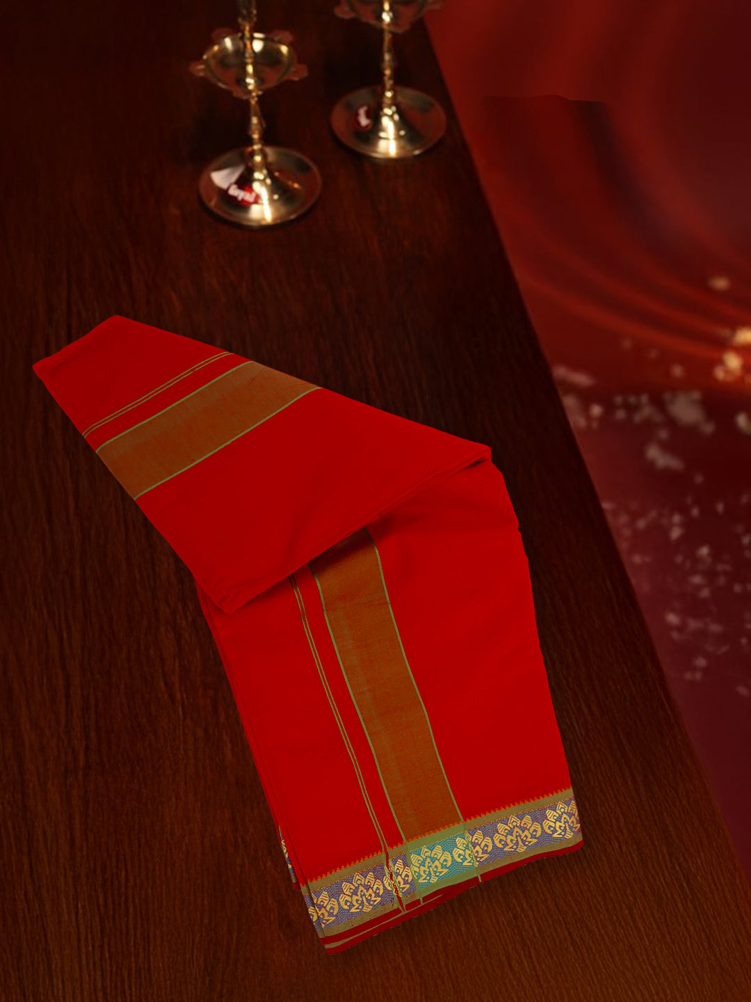 Men 100% Cotton Panchakacham with Angavasthram Set Adinath Red (9+5)