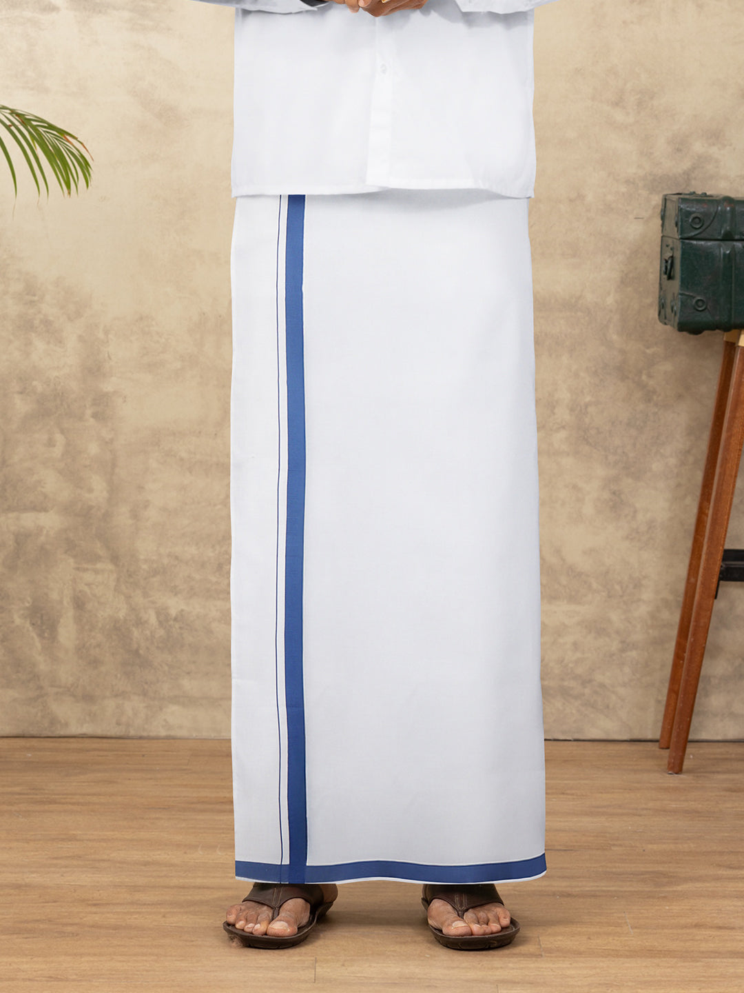 Men Cotton Blend Readymade Single Layer White Dhoti with Big Border GACS17