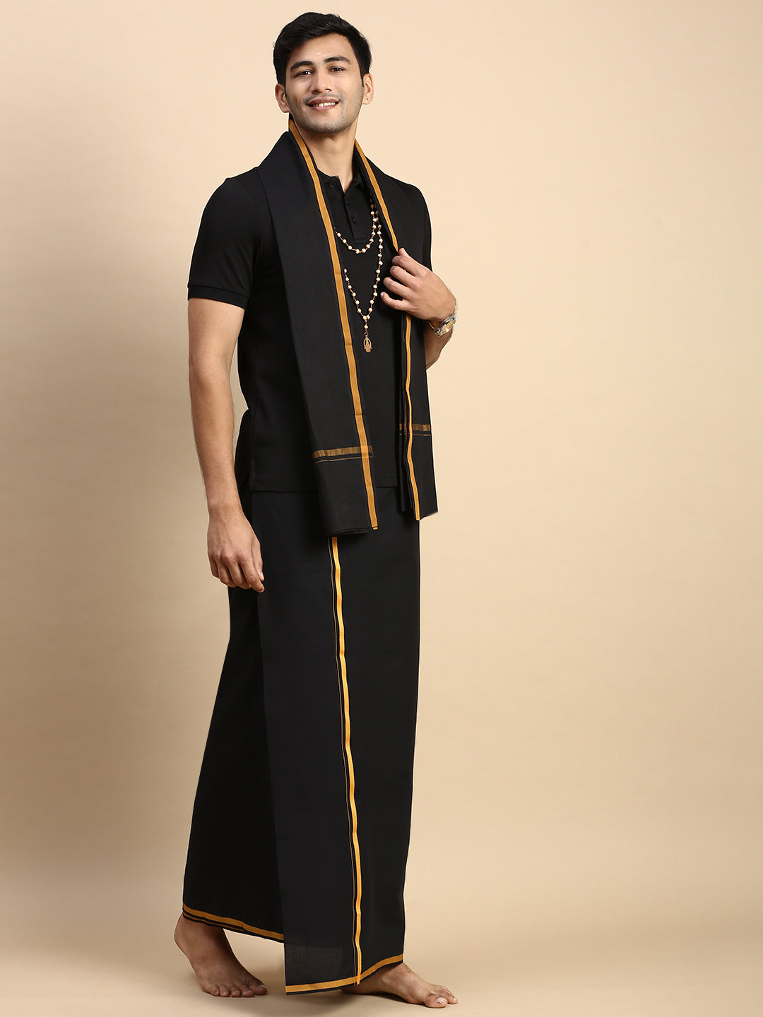 Men Devotional Big Border Dhoti with Towel & TShirt Set Black EPD14