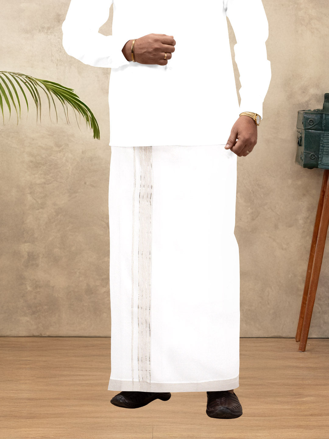 Men 100% Cotton Double Layer White Dhoti with Fancy Jari Border EJF19