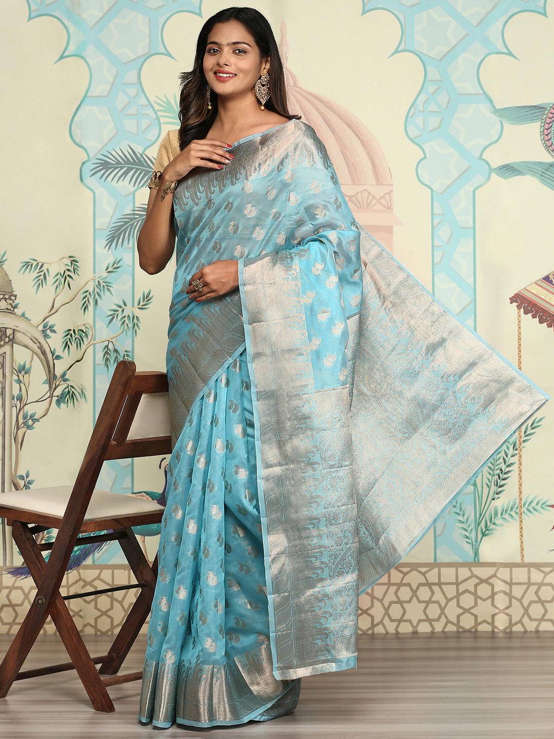 Women Semi Orgenza Weaving Saree Blue SOS13