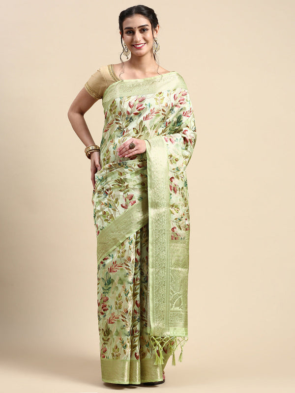 Womens Dola Silk Light Green & Sandal Flower Digital Print with Jari Border Sarees DS07