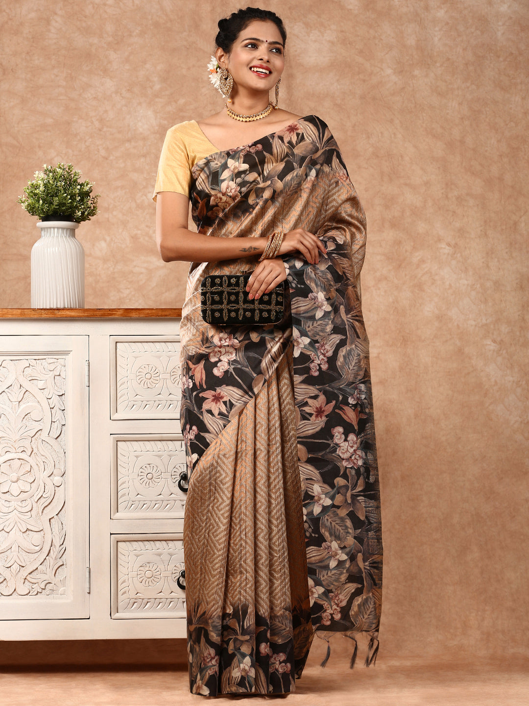 Women Semi Tussar Weaving Saree Brown ST148