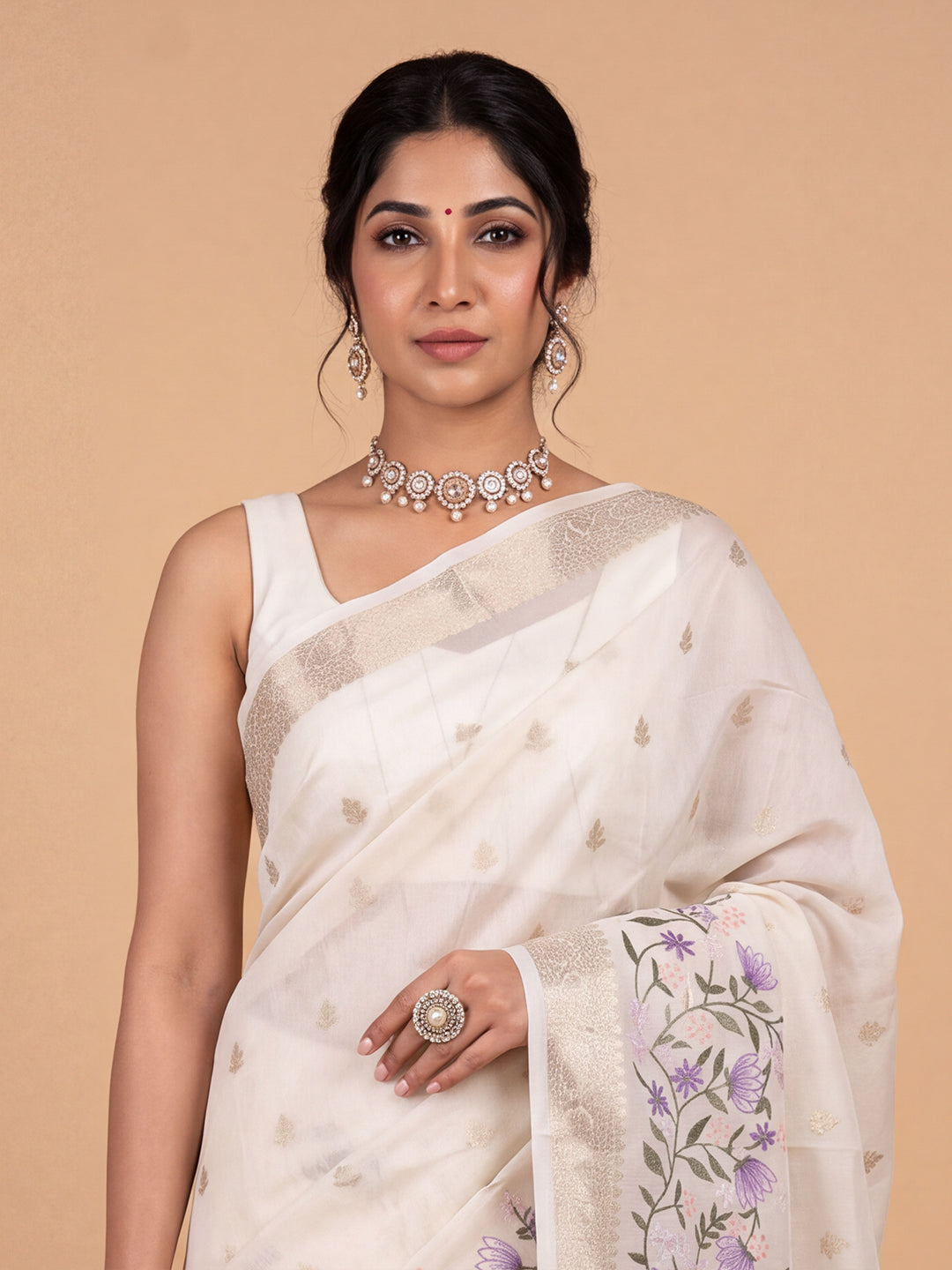 Women Spun Poly Off White Fancy Printed Saree FS02
