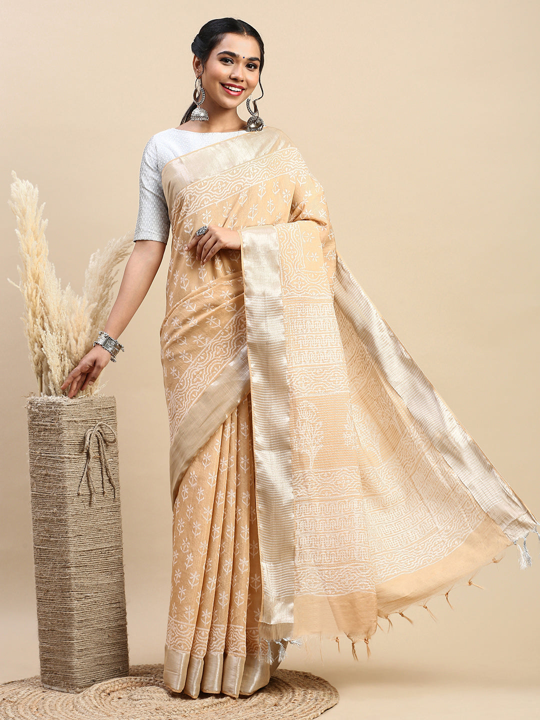 Womens Elegant Sandal Flower Printed with Silver Jari Pure Cotton Saree PCS62