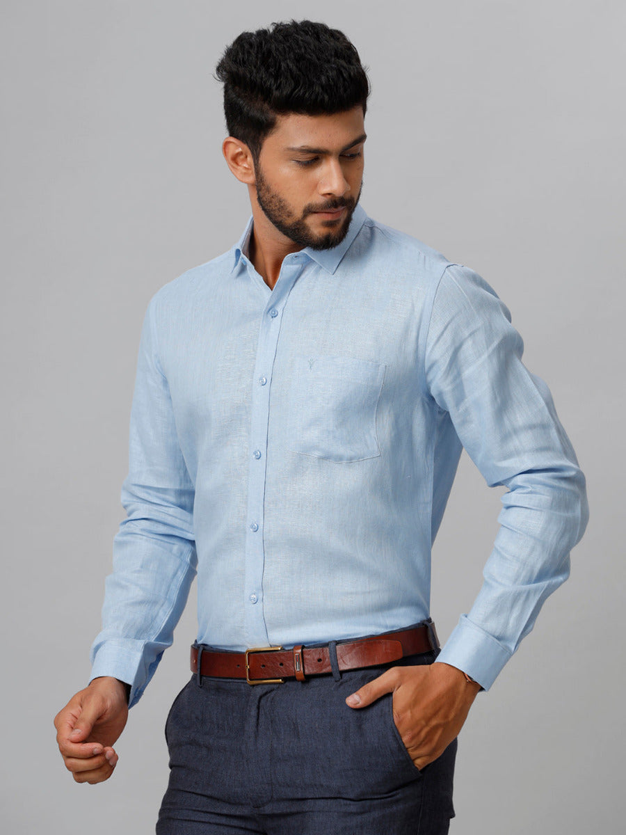 Mens Pure Linen Blue Smart Fit Full Sleeves Shirt-Side view