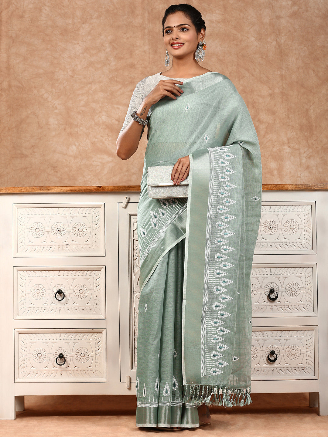 Womens Semi Silk Saree Green SS155