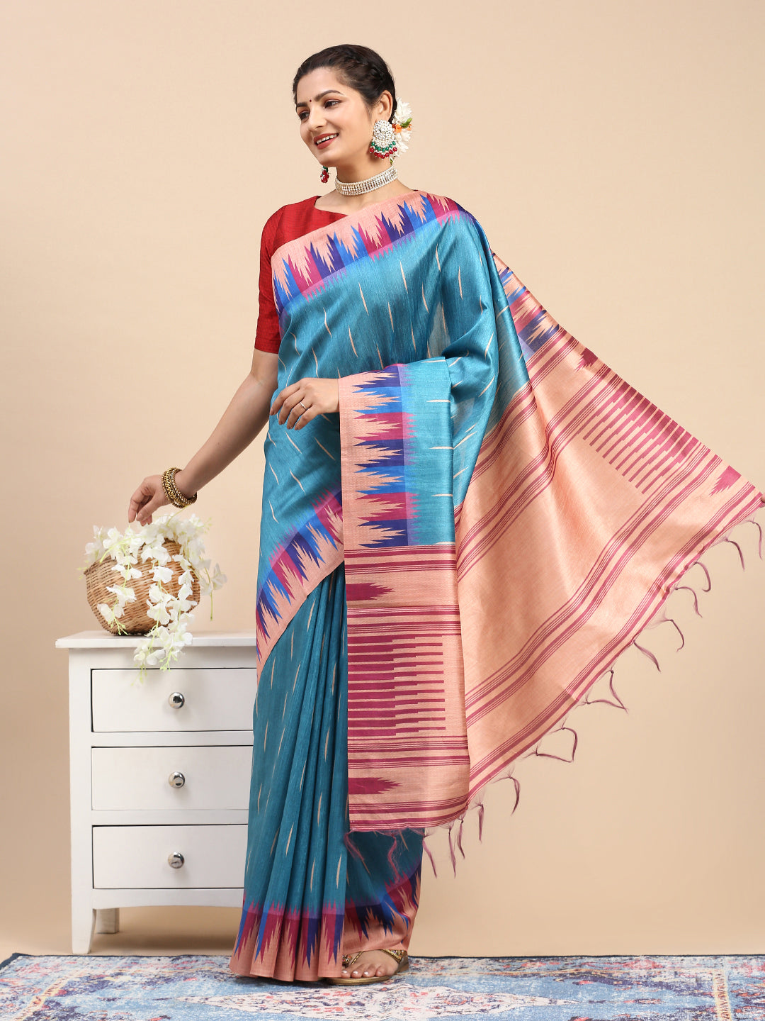 Womens Semi Tussar Weaving Saree Blue ST175