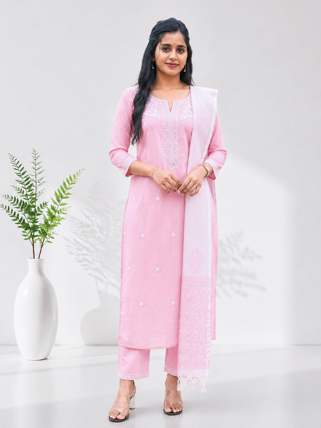 Women Cotton Embroidered Baby Pink Kurti Set EKS140