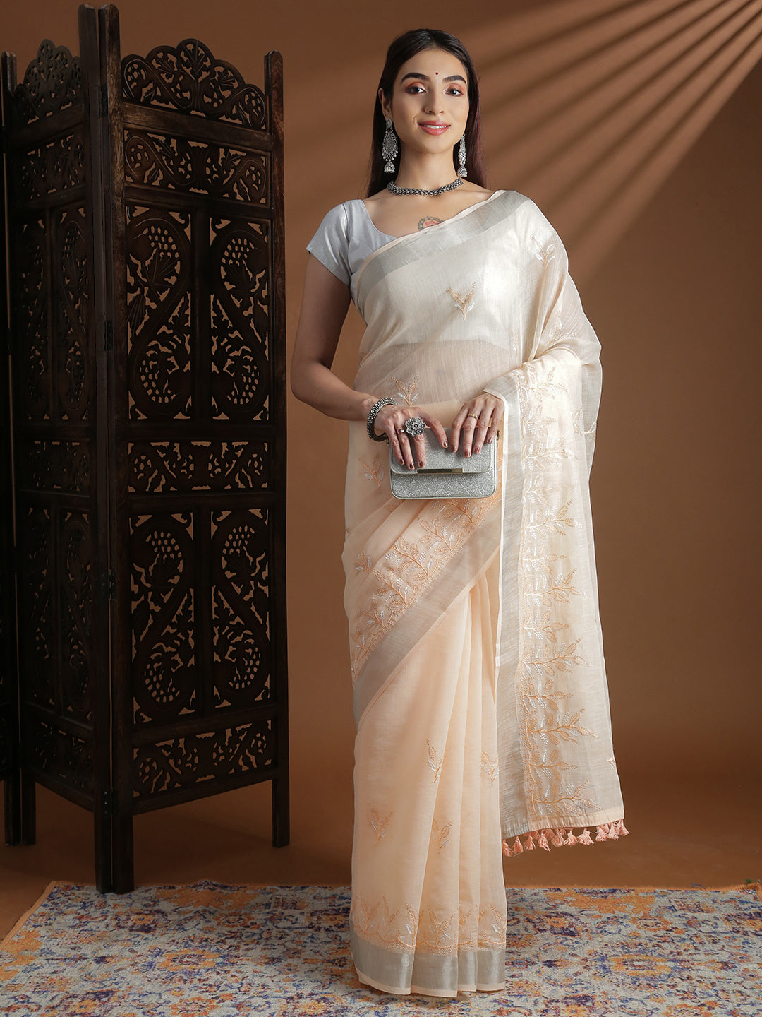 Women Light Orange Semi Linen Embroidered Saree SL243