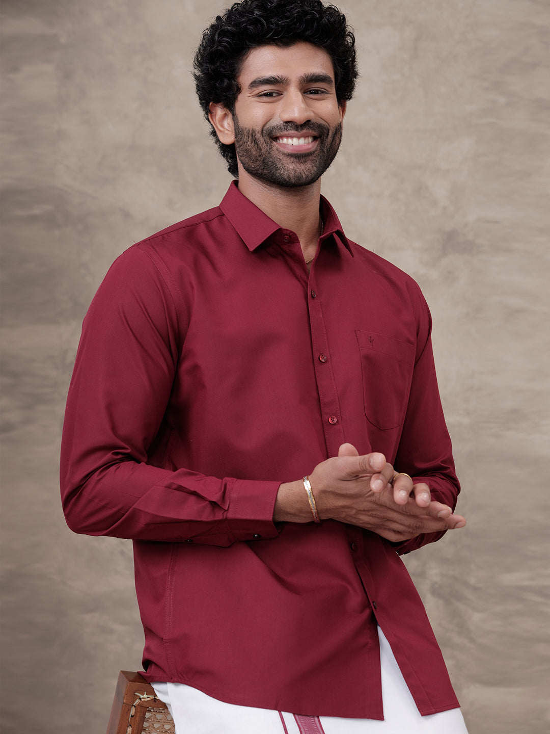 Men Dark Burgundy Shirt With Matching Border Dhoti Set Trendy