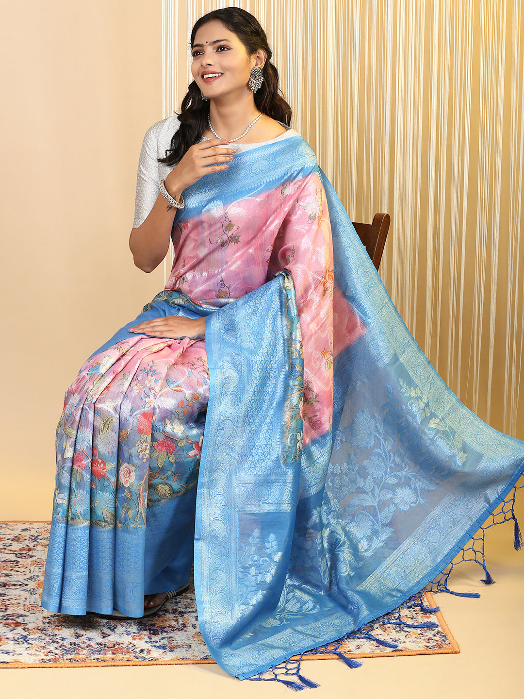 Womens Semi Cotton Printed Saree Blue SCS107