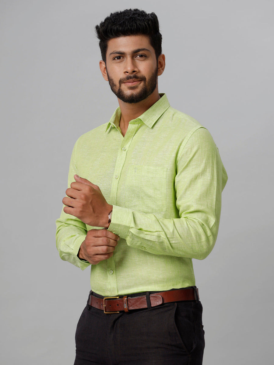 Mens Pure Linen Lime Green Smart Fit Full Sleeves Shirt-Side view