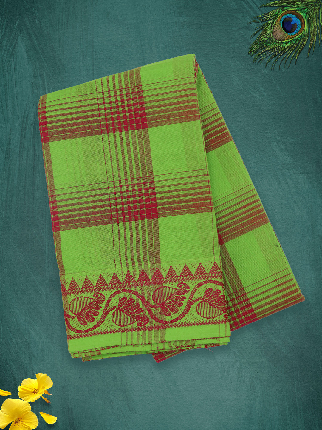 Women Parrot Green Checks Pure Chettinad Cotton Saree PCS232