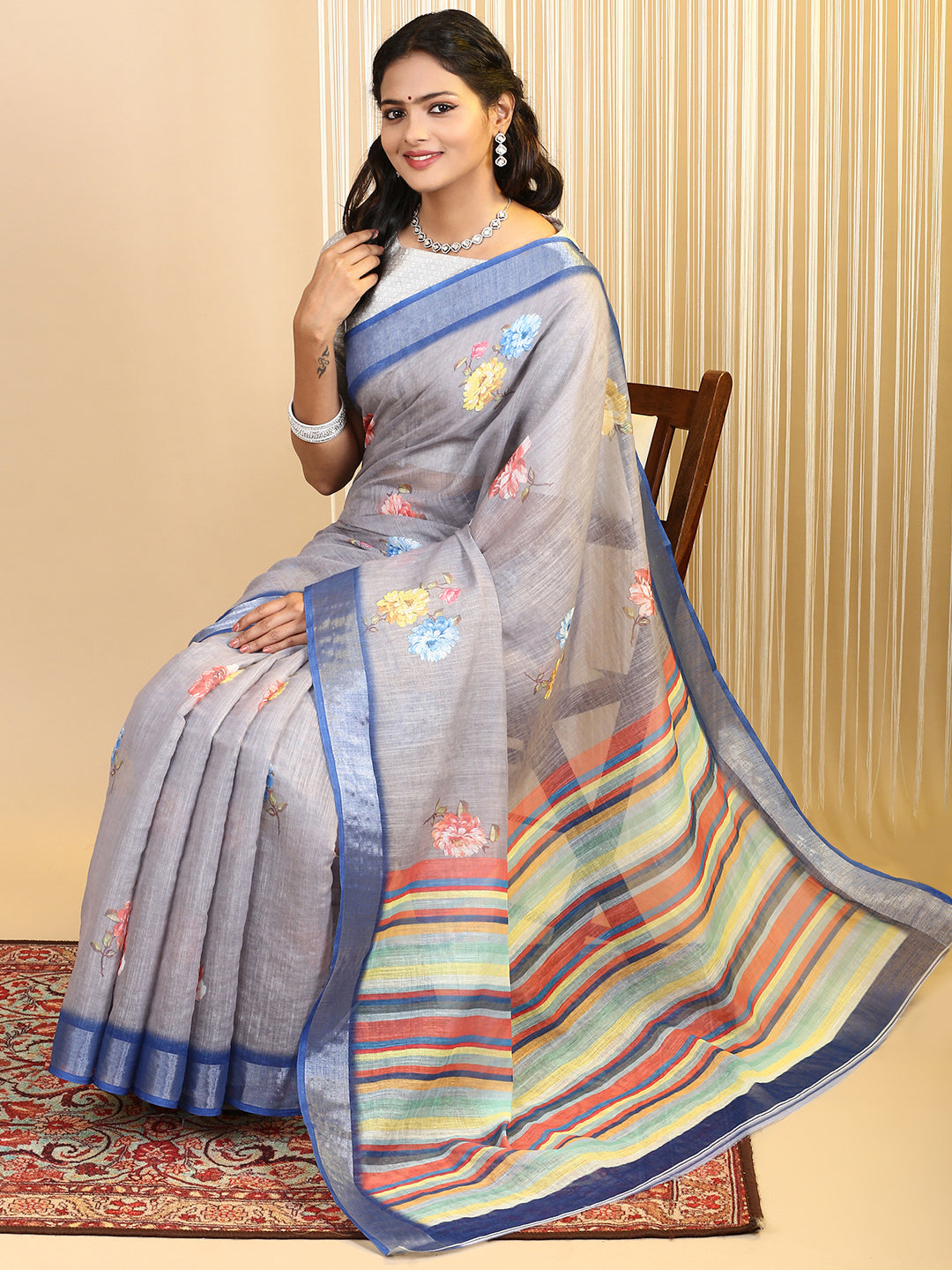 Women Semi Linen Saree Grey SL160